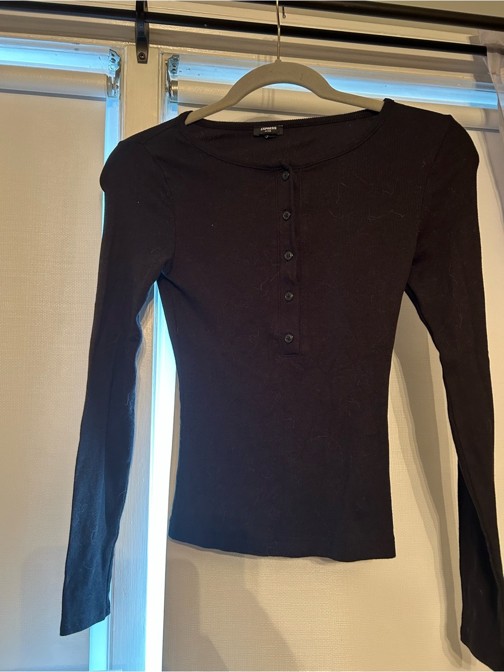 Express Black Ribbed Henley Long Sleeve Top - Slim Fit